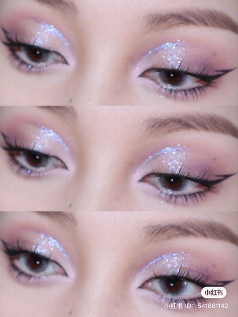 Lavender Glitter Makeup, Silver And Lavender Makeup, Twice Inspired Makeup, Light Purple Glitter Makeup, Lavender Makeup Looks Wedding, Purple Sparkle Makeup, Iredesant Makeup Look, Twice Concert Makeup, Lavender Douyin Makeup