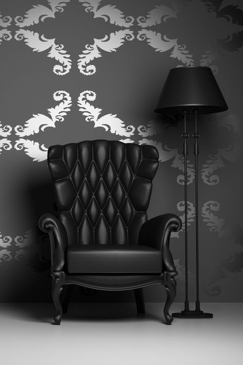 Black leather chair and lamp in a room with black and silver wallpaper Black And Silver Wallpaper, Ruangan Studio, Black Room Decor, Wallpaper Design For Bedroom, Black Leather Chair, Look Wallpaper, Black Rooms, Silver Wallpaper, Black Room