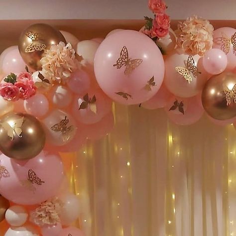 Rose Gold Butterfly Birthday Theme, Baby Shower Butterfly Theme, Butterfly Birthday Theme, Butterfly Balloons, Rose Gold Butterfly, Cosmetology School, Butterfly Baby Shower, Butterfly Theme, Butterfly Birthday