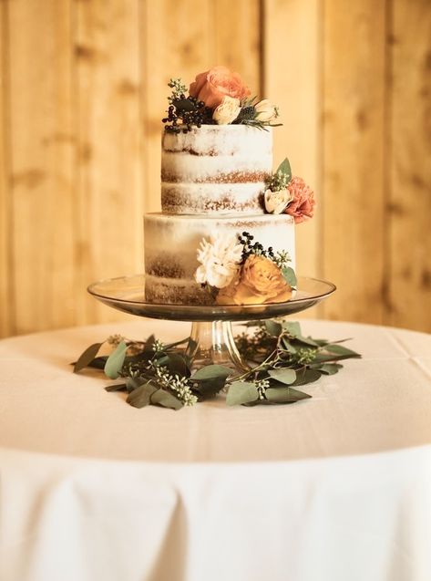 Rustic Wedding Cake Orange Flowers, Two Tier Wedding Cake Rustic Fall, 2 Tier Cake With Fresh Flowers, Two Teir Wedding Cake Fall, Rust Color Wedding Cake, Simple Autumn Wedding Cake, Fall Small Wedding Cakes, Fall Flower Wedding Cake, Orange And Olive Wedding