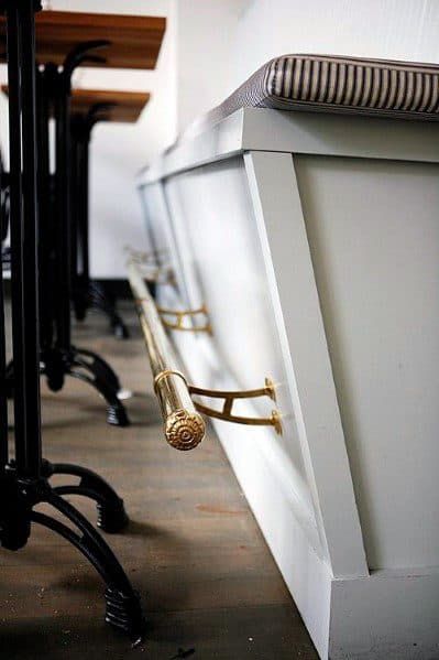 Bar Foot Rail Ideas, Wrought Iron Scrollwork, Kitchen Storage Organization Diy, Bar Foot Rail, Corner Bench Seating, Bar Bench, Seattle Restaurants, Corner Seating, Kitchen Island Ideas