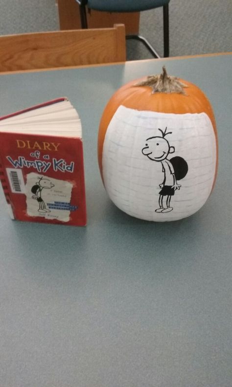 Diary Of A Wimpy Kid Pumpkin, Book Character Pumpkins, Story Book Pumpkin, Pumpkin Character, Pumpkin Painted, Character Pumpkins, Pumpkin Books, Diary Of A Wimpy, Halloween Idea