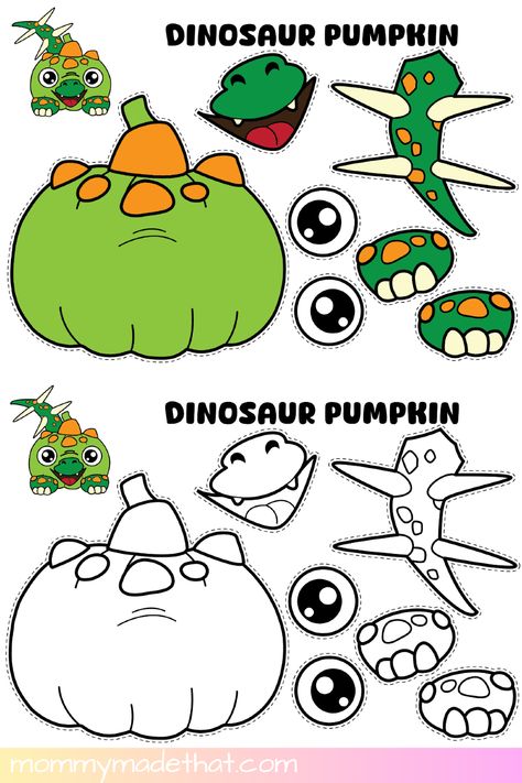 This Dinosaur Pumpkin Craft is the perfect Halloween activity for kids! With a free printable, preschoolers and kindergarteners can build their very own dinosaur pumpkin. A fun and creative alternative to pumpkin carving, this cut-and-paste craft is simple, mess-free, and perfect for little dino lovers! Dinosaur Halloween Activities, Dinosaur Halloween Coloring Page, Build A Pumpkin Printable, Halloween Cut And Paste Crafts, Dinosaur Preschool Crafts, Dinosaur Activities For Toddlers, Dinosaur Preschool Activities, Dinosaur Pumpkin, Build A Dinosaur