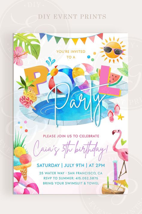 This FUN rainbow Pool Party Gender Neutral or Girl Birthday invitation set, includes our 5x7in "Pool Party (Pink)" Birthday Party Invitation and our 1080x1920px Digital Birthday Invitation (the ideal size for most smartphones). Click the link for more details! #DiyEventPrints, #PoolPartyInvitation, #PoolPartyInvite, #RainbowPoolParty, #InstantDownload, #SummerPoolParty, #SummerParty, #BeachPartyInvite, #GirlBirthday, #GenderNeutral, #BirthdayInvitation, #BirthdayInvite, #InvitationTemplate Kids Pool Party Invitations, Pool Party Invitations For Kids, Pool Party Girl Birthday, Rainbow Pool Party, Rosie Birthday, Kids Pool Party Birthday, Summer Party Birthday, Painted Banners, Pink Birthday Party Invitations