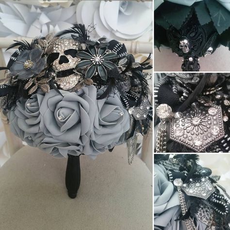 Skull Wedding Bouquet, Black Blue Silver Bouquet, Skull Bouquet, Goth Wedding Bouquet Black Flowers, Crystal Wedding Bouquet Goth, Goth Wedding Bouquet Purple, Posy Bouquet, Fall Wedding Arches, Floral Sculpture