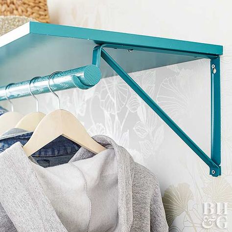 teal wall shelf Ideas For Hanging Clothes With No Closet, Ways To Hang Clothes Without A Closet, Diy Clothes Hanger Storage, Organization For Small Spaces, Functional Closet, Clothing Rack Bedroom, Diy Clothes Hangers, Diy Clothes Rack, Closet Hacks