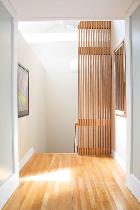 Sandy Cohen, Shed Architecture, Top Of Stairs, Light Hardwood, Light Hardwood Floors, Wood Screens, House Shed, Midcentury Home, Estilo Boho Chic