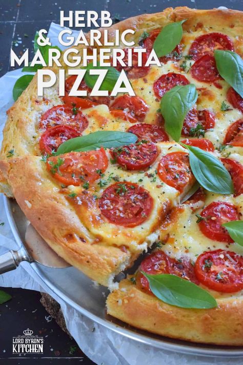 One of the best pizza combinations is the Margherita which is simply prepared with sauce, tomatoes, cheese, and basil. Herb and Garlic Margherita Pizza ups the flavour profile with an easy, savoury, homemade pizza dough filled with dried herbs and spices. You have to try this! #margherita #pizza #homemade Pizza Combinations, Margherita Recipe, Margherita Pizza Recipe, Basil Pizza, Pizza Margarita, Delicious Pizza Recipes, Basil Herb, Pizza Homemade, Margarita Pizza