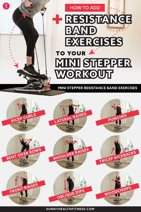 I’ve collected 9 of my favorite resistance band exercises you can do on your mini stepper, as well as my top tips for making the most out of your mini stepper workout at home! #sunnyhealthfitness #ministepper #ministepperroutine #ministepperexercises #resistancebands #resistancebandexercises #ministepperworkout Mini Stepper Workout, Stair Stepper Workout, Stepper Workout, Mini Stepper, Tricep Kickback, Band Exercises, Step Workout, Resistance Band Workout, Resistance Band Exercises