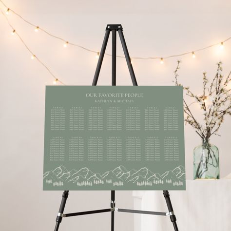 Outdoor Green Wedding, Table Seating Chart, Green Mountain, Seating Charts, Table Seating, Foam Board, Green Wedding, Modern Outdoor, Pine Tree