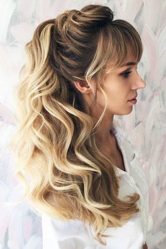 Chic Wedding Hairstyles With Bangs ★ wedding hairstyles with bangs high half up half down hith ponytail hair_by_pustovalova Wedding Hairstyles With Bangs, Wedding Hair Bangs, Carmen Dell'orefice, Wedge Hairstyles, Asymmetrical Hairstyles, Shoulder Hair, Funky Hairstyles, Fringe Hairstyles, Long Hair With Bangs