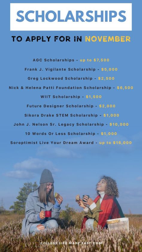 scholarships to apply for in November, infographic list with scholarships names and award amounts, college girls smiling on a beautiful fall day outside No Essay Scholarships, Veteran Scholarships, Essay Scholarships, Easy Scholarships, Scholarships For College Students, Grants For College, School Scholarship, Post Secondary Education, Student Scholarships