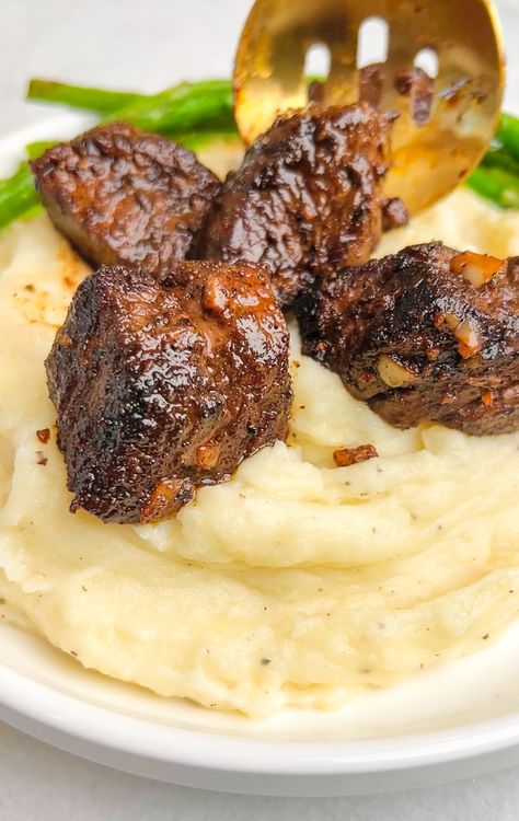 Steak Bits With Garlic Butter, Garlic Butter Steak Bites Over Creamy Aged White Cheddar Mash, Garlic Butter Steak Bites And Gnocchi, Steak And Baked Potato Dinner Ideas, Indoor Steak Recipes, Garlic Steak Bites And Mashed Potatoes, Steak Bites Over Mashed Potatoes, Steak Bites Mashed Potatoes, Dinner Sides With Steak