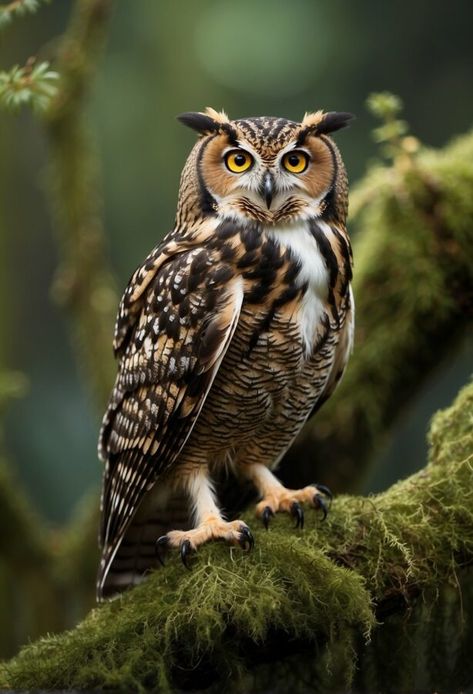 A majestic owl with striking yellow eyes and detailed brown feathers perches on a mossy branch in a dense forest. High Quality Animal Photography, Animal Photography Aesthetic, Animal Refrence Pictures, Animals Wild Amazing Photos, Beautiful Owl Photography, Field Sketching, Painting Owls, Owl Pics, Bizarre Animals