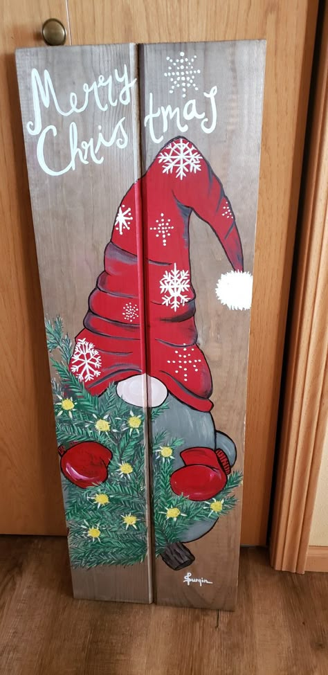 Gnome Pallet Projects, Christmas Gnome Porch Sign, Christmas Gnomes Painted On Wood, Gnomes Crafts Wood, Christmas Porch Leaners, Gnome Porch Leaner, Merry Christmas Outdoor Sign, Gnomes Painted, Gnome Paintings