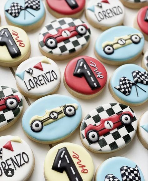 Car Birthday Ideas, Race Car Party Ideas, Baby Birthday Cookies, Car Party Ideas, Boys 1st Birthday Cake, First Birthday Cookies, Car Cookies, Baby Boy 1st Birthday Party, Race Car Birthday Party