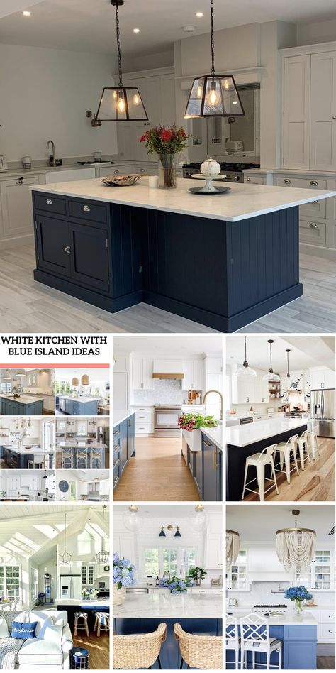 Step into a world where the fusion of culinary artistry and coastal charm converges in this 35 Beautiful White Kitchen With Blue Island Ideas. The stark Granite With Blue In It, Blue And White Kitchen Decor Ideas, White Kitchen Cabinets With Blue Island, White Kitchen With Blue Island, Kitchen With Blue Island, Quartzite Kitchen Countertops, Painted Island, Beautiful White Kitchens, Blue Kitchen Island