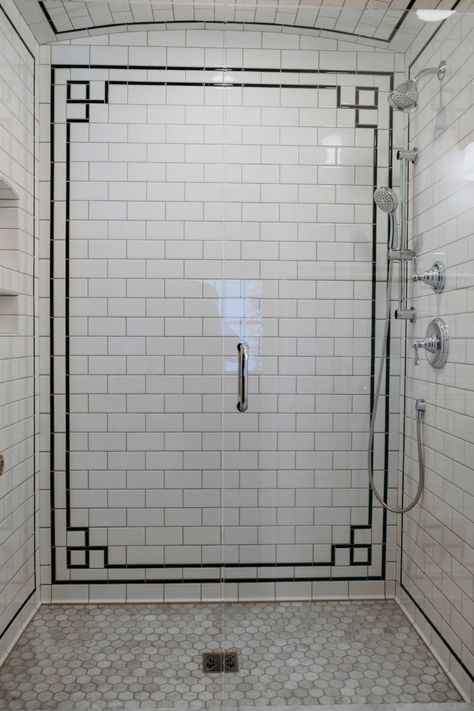 White Art Deco Bathroom, 1920s Bungalow Bathroom, 1920s Subway Tile Bathroom, Brooklyn Bathroom, Black And White Shower Tile, Streamline Moderne Bathroom, 1920 Bathroom 1920s Style, English Bathroom, 1920s Bathroom Remodel