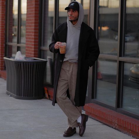 Cole Buxton Hoodie, Zara Overcoat, Cos Pant, Uniqlo loafers Hoodie Loafers Outfit, Overcoat Casual Outfit, Overcoat Hoodie Men, Hoodie With Overcoat, Oversized Overcoat Outfit, Men’s Overcoat Outfit, Men Overcoat Outfit, Overcoat Men Outfit Street Styles, Overcoat Street Style