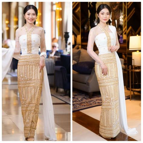 Burmese Traditional Dress Design, Thai Traditional Dress Modern, Burmese Clothing Traditional Dresses, Burmese Wedding Dress, Myanmar Wedding Dress Design, Burmese Traditional Dress, Burmese Wedding, Myanmar Design, Burma Dress