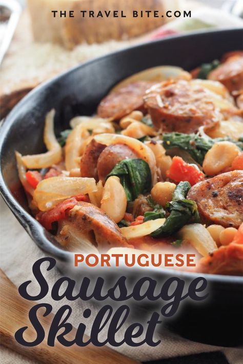 This easy sausage skillet dinner cooks in just one pot, combining basic whole ingredients that make a pretty hearty one-dish dinner with Portuguese sausage. | thetravelbite.com | #Portuguese #SausageSkillet #EasyDinners #OnePotDinners Healthy Sausage Skillet Recipes, Portuguese Sausage Recipe Dinners, Portuguese Sausage Recipe, Sausage And Veggies Skillet, Sausage Veggie Skillet, Sausage Skillet Recipe, Portuguese Sausage, Skillet Dinner Recipes, One Dish Dinners