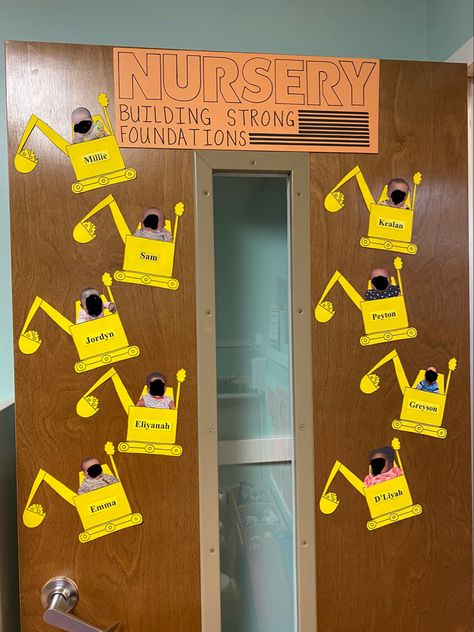 Baby photos with names attached to yellow bobcat construction vehicles on a door with a sign that reads “nursery: building strong foundations.” Construction Classroom Door, Construction Theme Classroom, Daycare Room Ideas, Preschool Classroom Themes, Bulletin Boards Theme, Infant Classroom, Daycare Room, Door Decs, Classroom Transformation