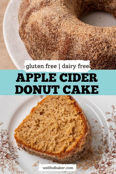 Two photos of a gluten free apple cider donut cake one showing a whole cake and another with a single slice served on a plate. Fall Bundt Cake, Apple Cider Donut Cake, Cider Donut Cake, Apple Cider Donuts Baked, Gluten Free Apple, Donut Cake, Bundt Cake Recipe, Gluten Free Donuts, Apple Season