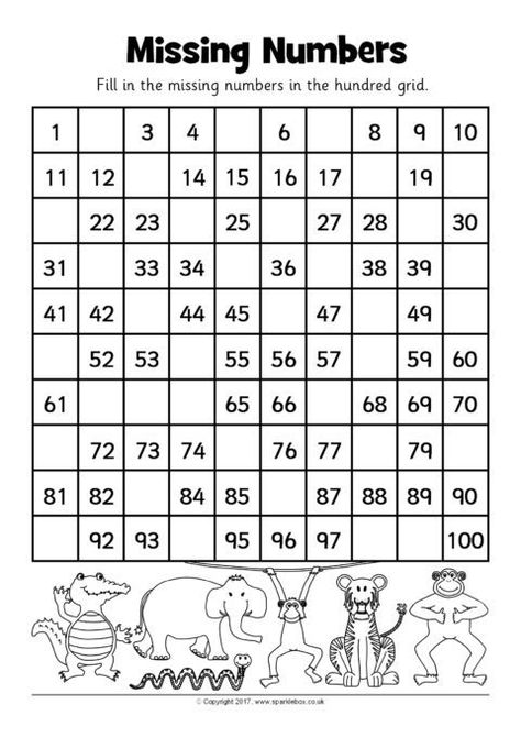 Hundred Grid Missing Number Worksheets (SB12242) - SparkleBox Missing Numbers Kindergarten, Hundreds Chart Printable, Missing Number Worksheets, Number Worksheets Kindergarten, Number Grid, Mental Maths Worksheets, Number Worksheet, Worksheet Kindergarten, Kindergarten Reading Activities