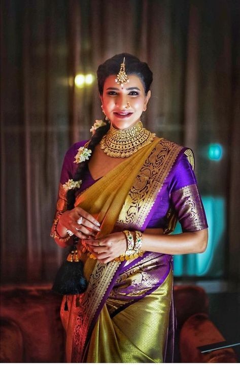 Lakshmi Manchu in a lime green apttu saree with aubergine borders and matching blouse with jewels by Krsala for friend's wedding! Manchu Lakshmi Saree, Dhaare Saree, Green Pattu Saree, Lakshmi Sarees, Kanchi Saree, Saree Color Combinations, Kanjivaram Sarees Silk, Half Saree Lehenga, Dresses Traditional