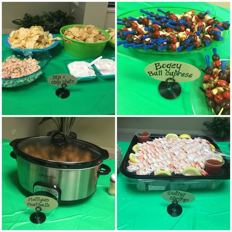 Golf Birthday Party Food Ideas, Golf Gender Reveal Food, Golf Gender Reveal Party Ideas, Golf Theme Food Ideas, Adam Sandler Party Food, Golf Themed Party Decorations, Golf Party Themed Food, Golf Themed Snacks, Golf First Birthday Party Food