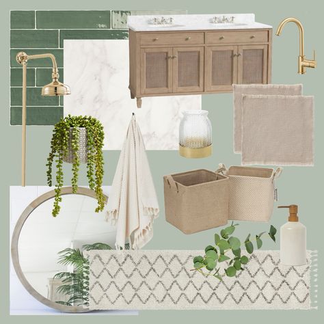 Wood And Green Bathroom Ideas, Green Botanical Bathroom, White Green Wood Bathroom, Light Green And Gold Bathroom, Pale Pink And Green Bathroom, Mint Bathroom Walls, Green And Tan Bathroom Decor, Pistachio Bathroom Ideas, Green And Tan Bathroom Ideas