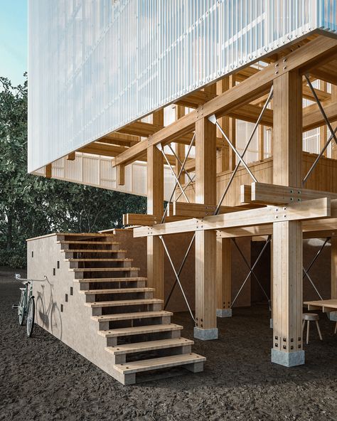 Cubes Architecture, Architecture Blueprints, Timber Architecture, Pavilion Architecture, House On Stilts, Kengo Kuma, Wood Architecture, Roof Architecture, 3d Architecture