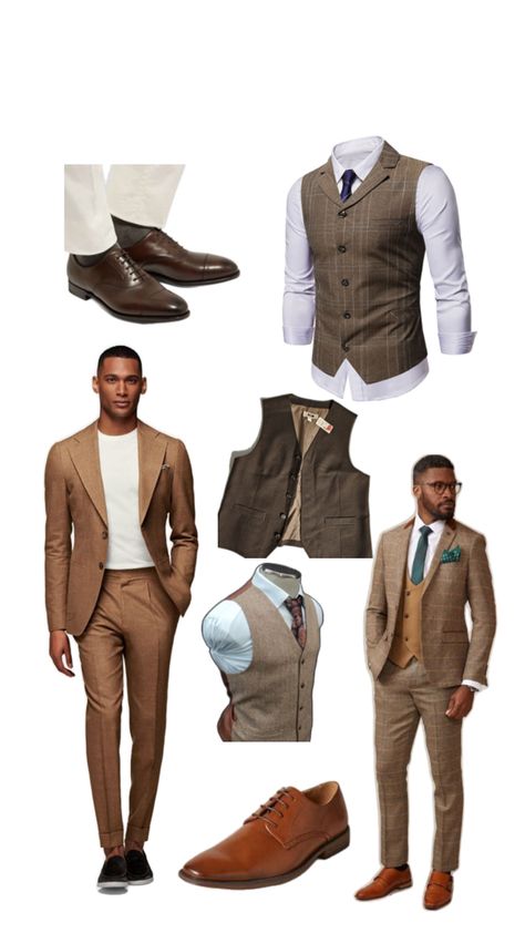 Brown suit/ vest/ white shirt or black shirt/ brown shoes/ black shoes/ tie color tone chosen to bring all items together Brown Suit Vest, Shoes Tie, Brown Suit, Brown Shoes, Vest White, Suit Vest, Color Tone, Shoes Black, White Shirt