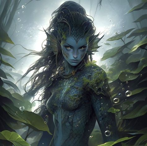 Sea Creature Oc Female, Seafolk Fantasy Art, Sea Elf Warlock, Water People Fantasy Art, Sea Monster Fantasy Art, Atlantian Character Design, Water Genasi Female Druid, Dnd Siren Character Art, Sea Humanoid