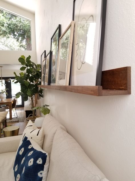 Accent Wall With Picture Ledge, Picture Ledge Above Couch, Long Picture Ledge, Shelf Above Couch, Diy Ledge, Kismet House, Ledge Decor, Mom Picture, Long Picture