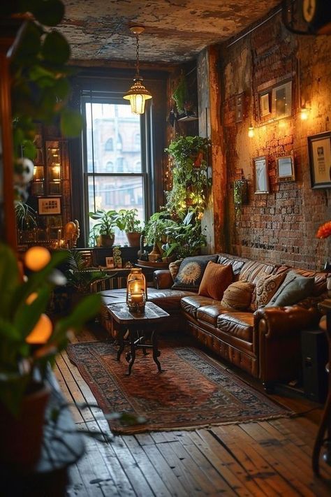 Cozy Small Apartment, Apartment Living Rooms, Industrial Style Living Room, Brick Living Room, Cozy Bedroom Ideas, Cozy Living Room Design, Industrial Livingroom, Small Apartment Living, Deco Boheme