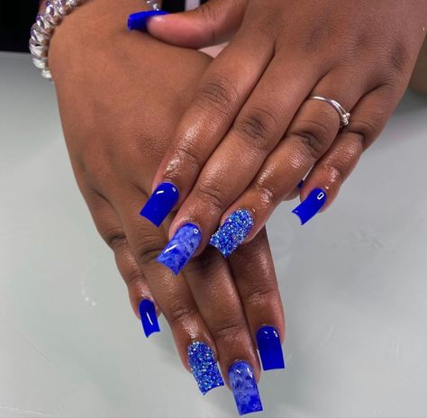 Blue Base Nail Designs, Blue And Silver Prom Nails Acrylic, Short Royal Blue Nails With Rhinestones, Cute Acrylic Nail Designs Medium Length Blue, Navy Blue Nails Acrylic Short Square, Dark Blue Nails Ideas Short, Royal Blue Nails Black Women, Short Blue Nails Black Women, Royal Blue Birthday Nails Short