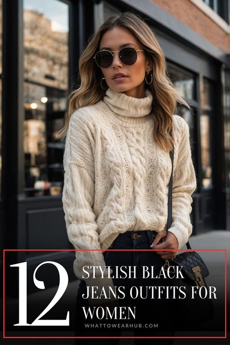 Elevate your style with these 12 chic black jeans outfits for women. From popular hipster trends to timeless minimalista styles, this guide has an outfit for everyone. Perfect for dressing up or keeping it casual. #WomenStyle #HipsterOutfits Black Jeans Women Outfit, Black Jeans Brown Sweater Outfit, Black Sweater With Jeans Outfit, Black Jeans Sweater Outfit, Black Skinning Jeans Outfit 2024, Black Coated Jeans Outfit, Black Jeans Outfits For Women, Black Jeans Winter Outfit, How To Style Black Jeans