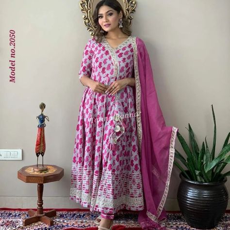 ₹1020 *_New design launch_* 💵 *Price - 1020 free shipping* Thfb *GOOD QUALITY 👗 FABRICS* 🧶 *Fabric - pure cotton* 👗 *Type - anarkali kurti (50+) pant (38+) & full Kota doriya dupatta all over gotta lace* 🧵 *Work - print and gotta lace* 📏 *Size - 38/ 40/ 42 / 44* *Note* ⏩ CO... Floor Touch Gown, Cotton Anarkali Suits, Girls Kurti, Pink Anarkali, Girls Party Wear, Cotton Anarkali, Kurta Pant Set, Anarkali Kurti, Long Kurti