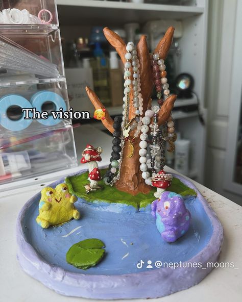 Not my usual content but here we are 🥰 A little something about me: i love creating things with my hands 💕 air dry clay is all over my fyp so i got inspired to make my own jewelry holder. I had so much fun making this little cottagecore themed trinket 🥰 #airdryclay #claytrinketdish #handmade #jewelryholder Air Dry Clay Bracelet Holder, Airdryclay Ideas Jewelry Holder, Air Clay Jewelry Holder, Clay Jewelry Stand, Jewelry Clay Holder, Clay Jewelry Holder Diy, Dry Clay Jewelry Holder, Diy Jewelry Holder Clay, Air Dry Clay Ring Holder