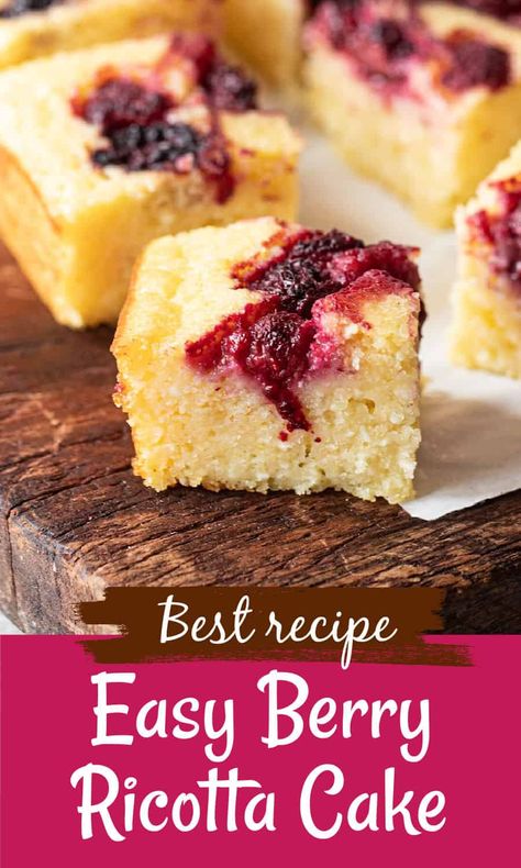 Very easy to make, this is a moist and dense lemon ricotta cake recipe topped with mixed berries that can be fresh or frozen, so it can be made year-round. It keeps well and is perfect for afternoon tea, picnics, potlucks, or just because. Mixed Berry Cake Recipe, Ricotta Cake With Box Cake, Dense Cake Recipe, Mixed Berry Cake, Ricotta Recipes Dessert, Lemon Ricotta Cake Recipes, Camembert Recipes, Low Sugar Cakes, Dense Cake