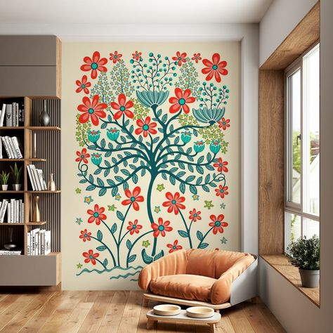 Printed on demand to fit perfect on your wall. Buy FLOWER BURST Vintage Flora Botanical Orange wallpaper today or come in and see our other designs. Welcome to Happywall.com! Mural Peel And Stick Wallpaper, Boho Mural Ideas, Painted Murals On Walls, Unique Wall Paint, Flower Mural Wall Paintings, Diy Wall Mural Ideas, Kitchen Wall Mural Ideas, Botanical Mural, Botanical Wall Mural