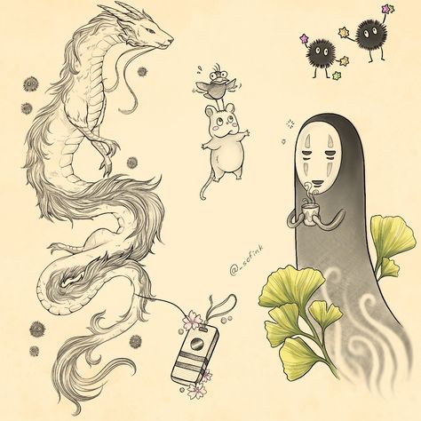 Studio Ghibli Dragon Tattoo, Studio Ghibli Flash Sheet, Fairytale Anime Tattoo, Anime Tattoos Studio Ghibli, Studio Gibhili Tatoos, Studio Ghibli Flash Tattoo, Flashes Tattoo, Miyazaki Tattoo, Studio Ghibli Inspired