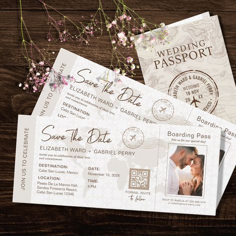 Beige Boarding Pass Destination Wedding QR code Invitation. Matching items available. Cruise Wedding Invitations, Qr Code Invitation, Travel Invitation, Travel Wedding Invitations, Wedding Qr Code, Boarding Pass Invitation, Hawaii Beach Wedding, Cruise Wedding, Cards Invitation