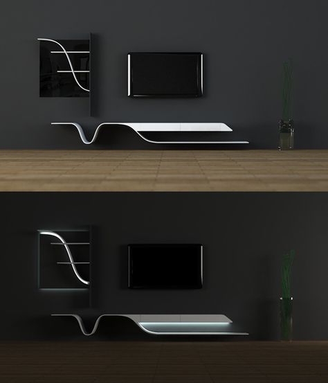 Melting Point TV Stand  The Melting Point TV stand, designed by Erhan Afsaroglu who stated that his inspiration came from a water drop before it hits the ground. This smooth seamless jointed stand was created using LG Hi-macs. Fixed to the wall this unit looks as if it is floating in the air while the LED lights underneath further amplifies the effect. Futuristic Tv Unit Design, टीवी यूनिट डिजाइन, टीवी यूनिट, Futuristic Decoration, Futuristic Furniture Design, Futuristic Decor, Modern Tv Wall Units, Tv Wall Units, Tv Walls