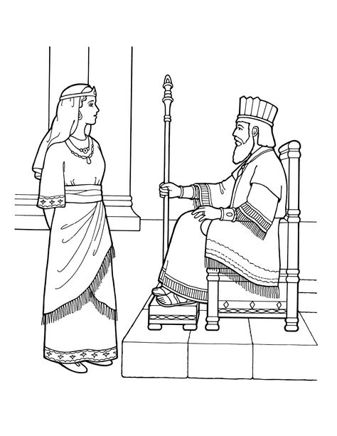 An illustration of Esther before the king. Queen Esther Crafts, Queen Esther Bible Story, Queen Esther Bible, Queen Clipart, Free Bible Coloring Pages, Esther Bible, Story Of Esther, People Coloring Pages, Queen Esther