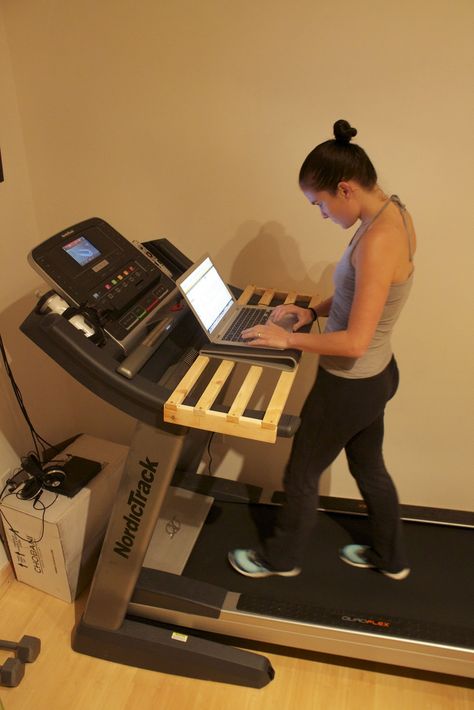 Gourmet Runner: DIY Treadmill Desk Treadmill Desk Diy, Diy Treadmill Desk, Diy Treadmill, Diy Home Desk, Treadmill Desk, Desk Treadmill, Gym Room At Home, Gym Room, Office Crafts