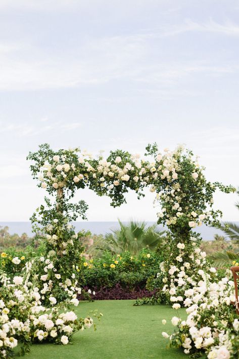 Timeless and Whimsical Beach Wedding in Cabo San Lucas Wedding Ceremony Pergola, White Gold Wedding Decor, Whimsical Beach Wedding, White Beach Wedding, Cabos Wedding, Beach Wedding White, Flower Backdrop Wedding, Los Cabos Wedding, Floral Arch Wedding