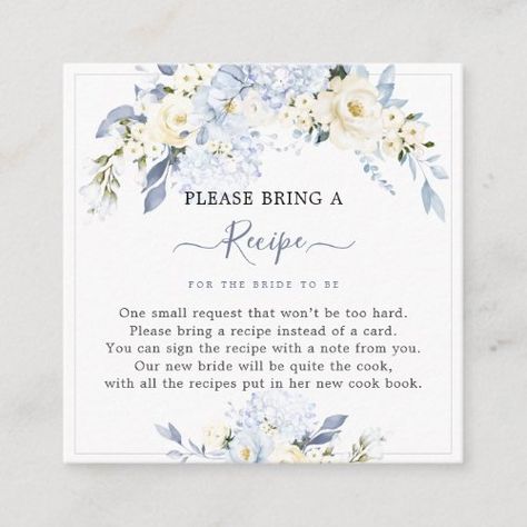 H2 Blue Hydrangea Cream Roses Recipe Request Enclosure Card #zazzle #weddinginvitations #birthdayinvitations #babyshowerinvitations #zazzleinvitations #monogram #businesscards #graduation #homedecor Bridal Shower Brunch Invitations, Aquarium Wedding, Bridal Shower Inspo, Brunch Bubbly, Rose Recipes, Blue Bridal Shower, Bridal Shower Flowers, Bridal Party Favors, Bridal Shower Food