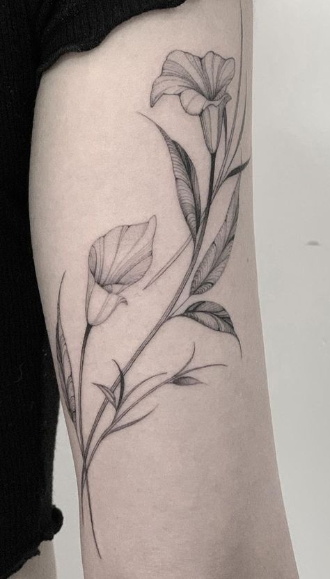 Fine Line Lily Of The Valley Tattoo, Lily Of Valley Tattoo, Symbolic Tattoos For Women, Morning Glory Tattoo, Glory Tattoo, Valley Tattoo, Floral Thigh Tattoos, Tattoo Reference, Thigh Tattoos